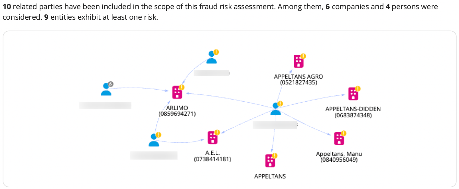 Fraud risk network graph mapping connections between companies, directors and locations